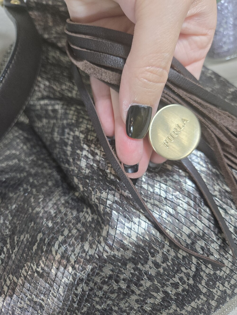 Vintage Furla Metallic Python Embossed Leather Large Hobo Shoulder Bag - Picture 7 of 13